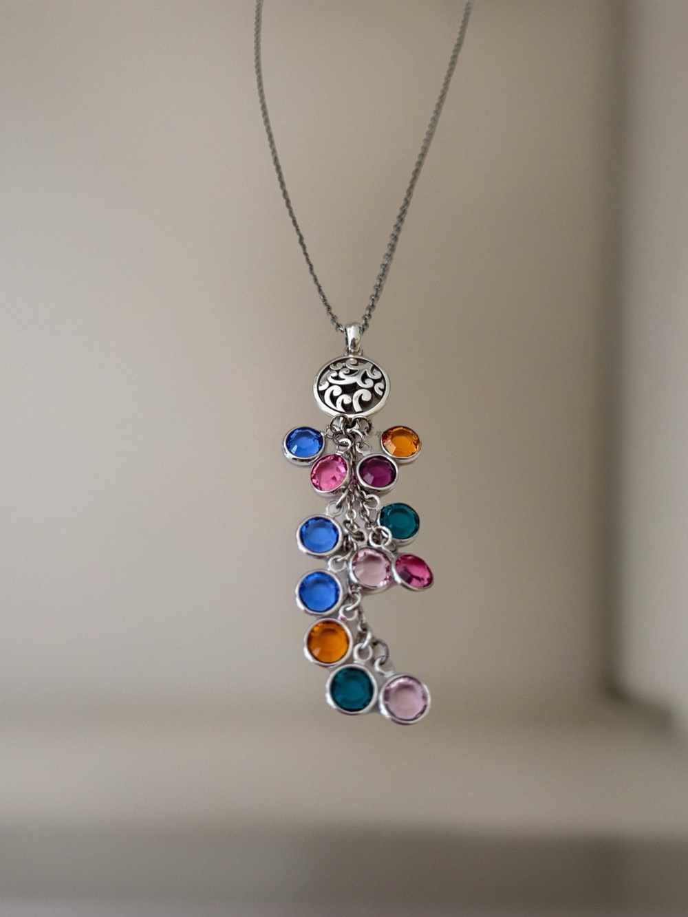 Brighton Elora Gems is a pendant necklace.  multi-colored, bezel-set crystal .